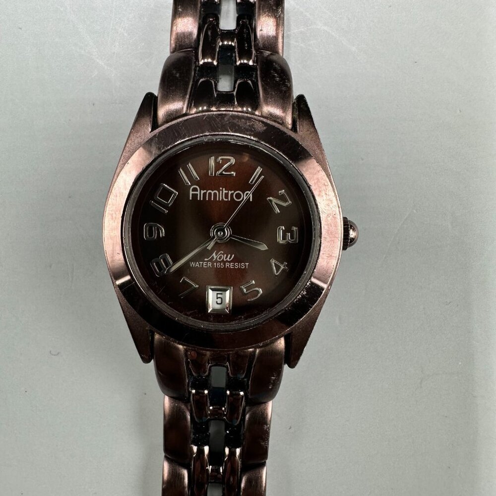 3/$30 Armitron Watch Women Metallic Brown Date Window Round Dial 8 Inch